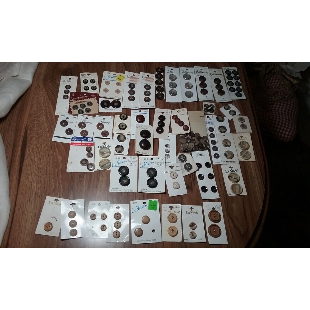 Vintage Lot of Brown Beige Marbled Sewing Buttons 47 cards Plastic and Wood